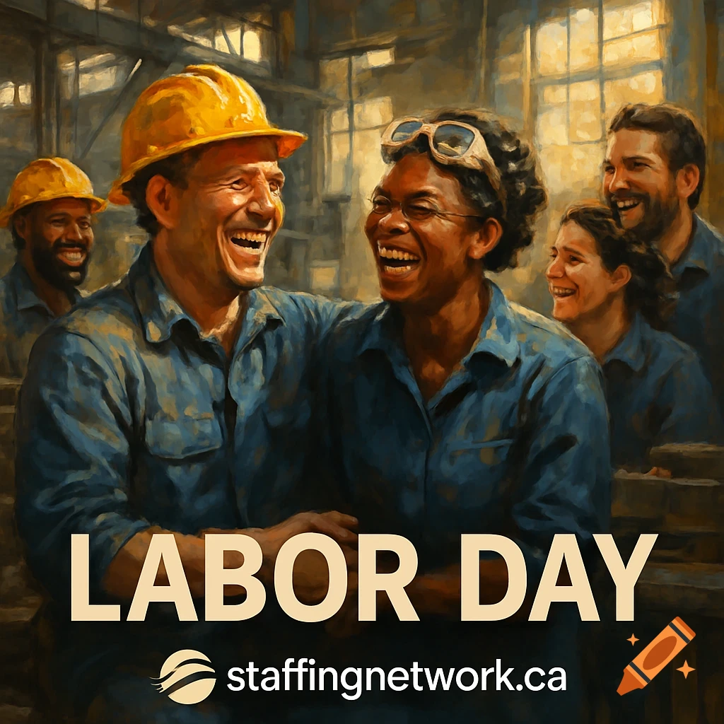 Painterly image of happy manufacturing workers in hard hats. Text: LABOR DAY staffingnetwork.ca.