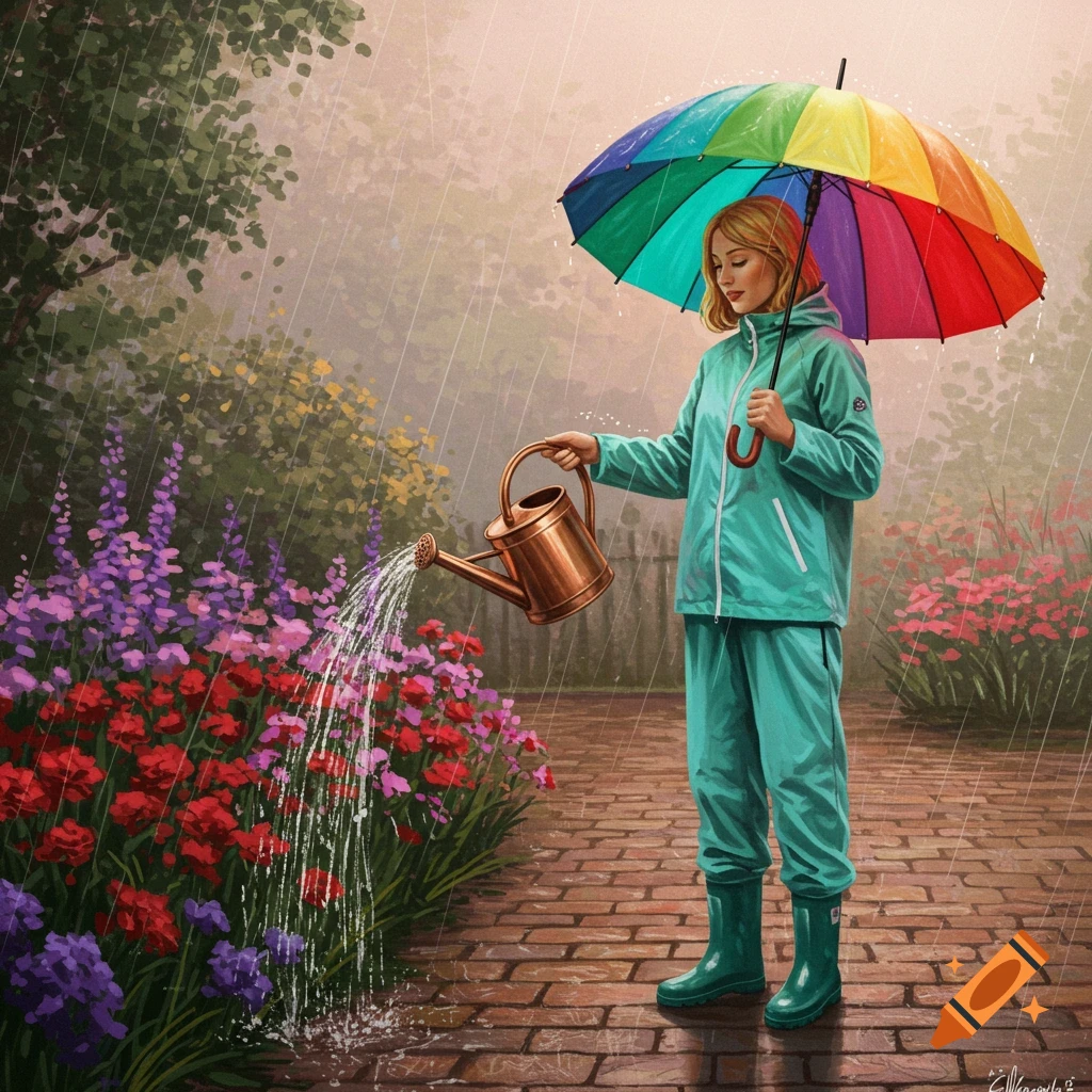 A woman in a teal raincoat and boots waters a vibrant flower garden with a watering can, holding a rainbow umbrella in the rain.