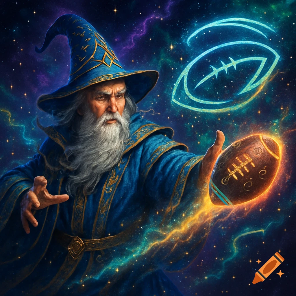 A wizard in blue robes and hat throws a glowing American football across a starry cosmic background, digital art.