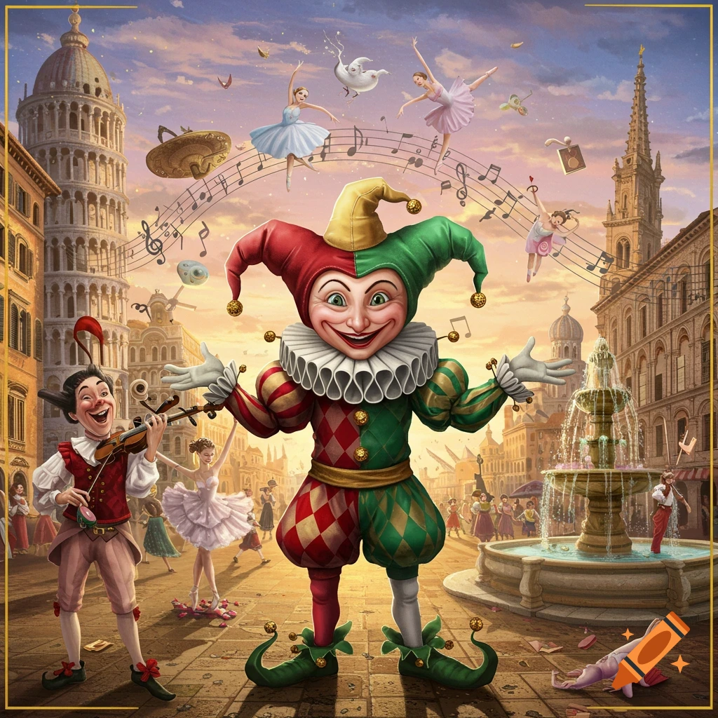 A whimsical jester in a red and green harlequin suit stands on a fantastical Italian street with a violinist, floating ballerinas, and musical notes.