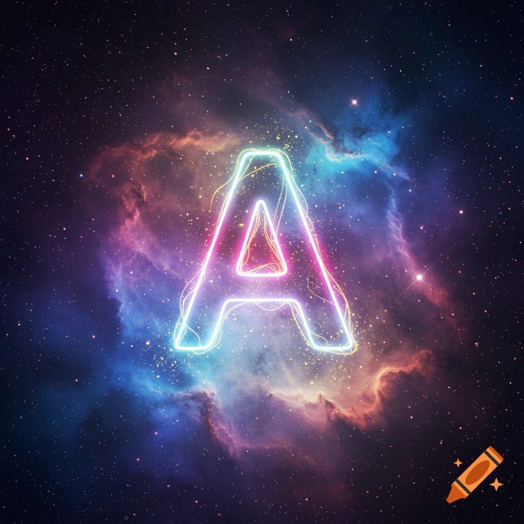 Neon glowing letter A against a colorful nebula and starry space background.