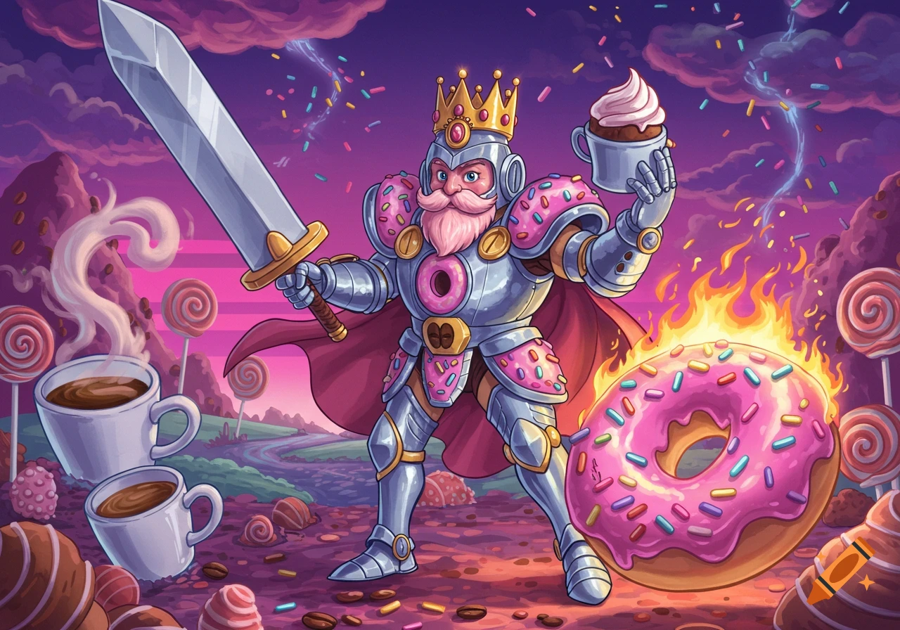 A cartoon Donut Lord knight in sprinkle armor, holding a sword and cupcake, in a colorful candy kingdom with coffee cups and lollipops.