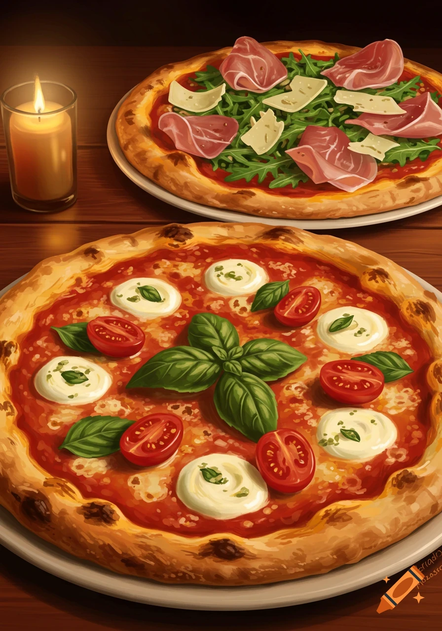 Two vibrant digital art pizzas, a Margherita and one with prosciutto and arugula, on a wooden table beside a lit candle.