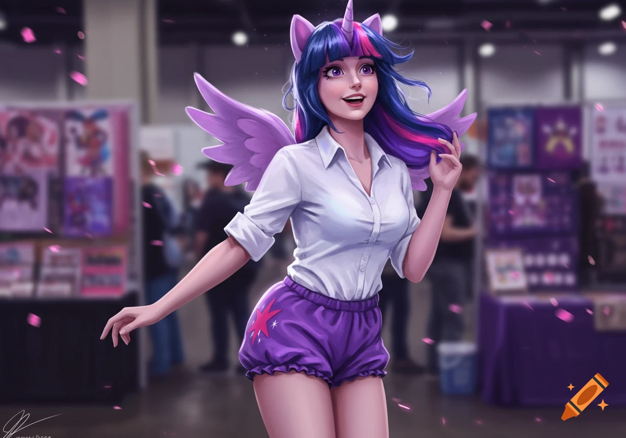 Digital art of a smiling woman cosplaying Twilight Sparkle in a white shirt and purple bloomers at a convention.