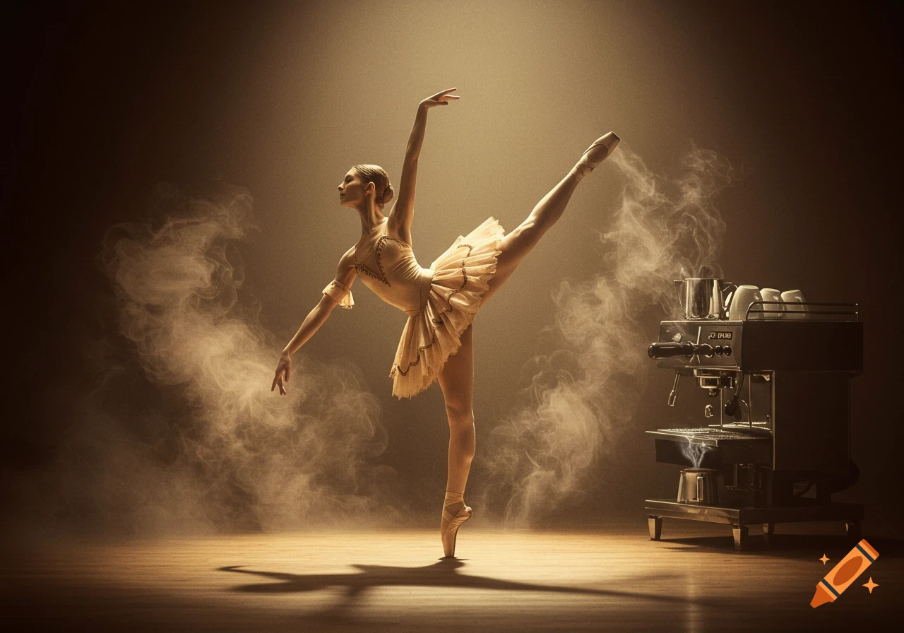 A ballerina in an elegant pose on a stage next to a steaming espresso machine, surrounded by mist.
