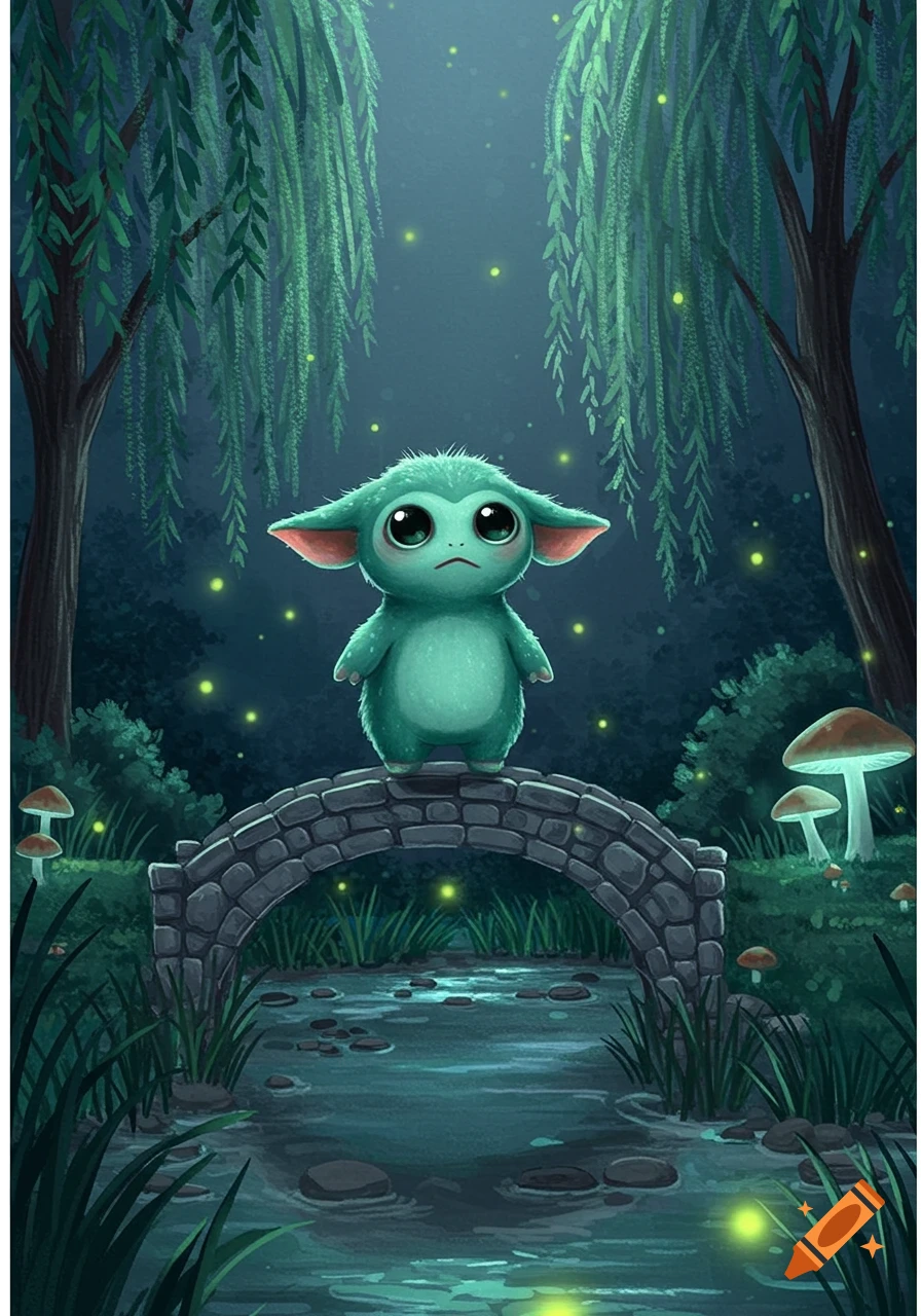 A cute, green, fluffy creature with big eyes stands on a stone bridge in a glowing, enchanted forest at night. Illustration style.