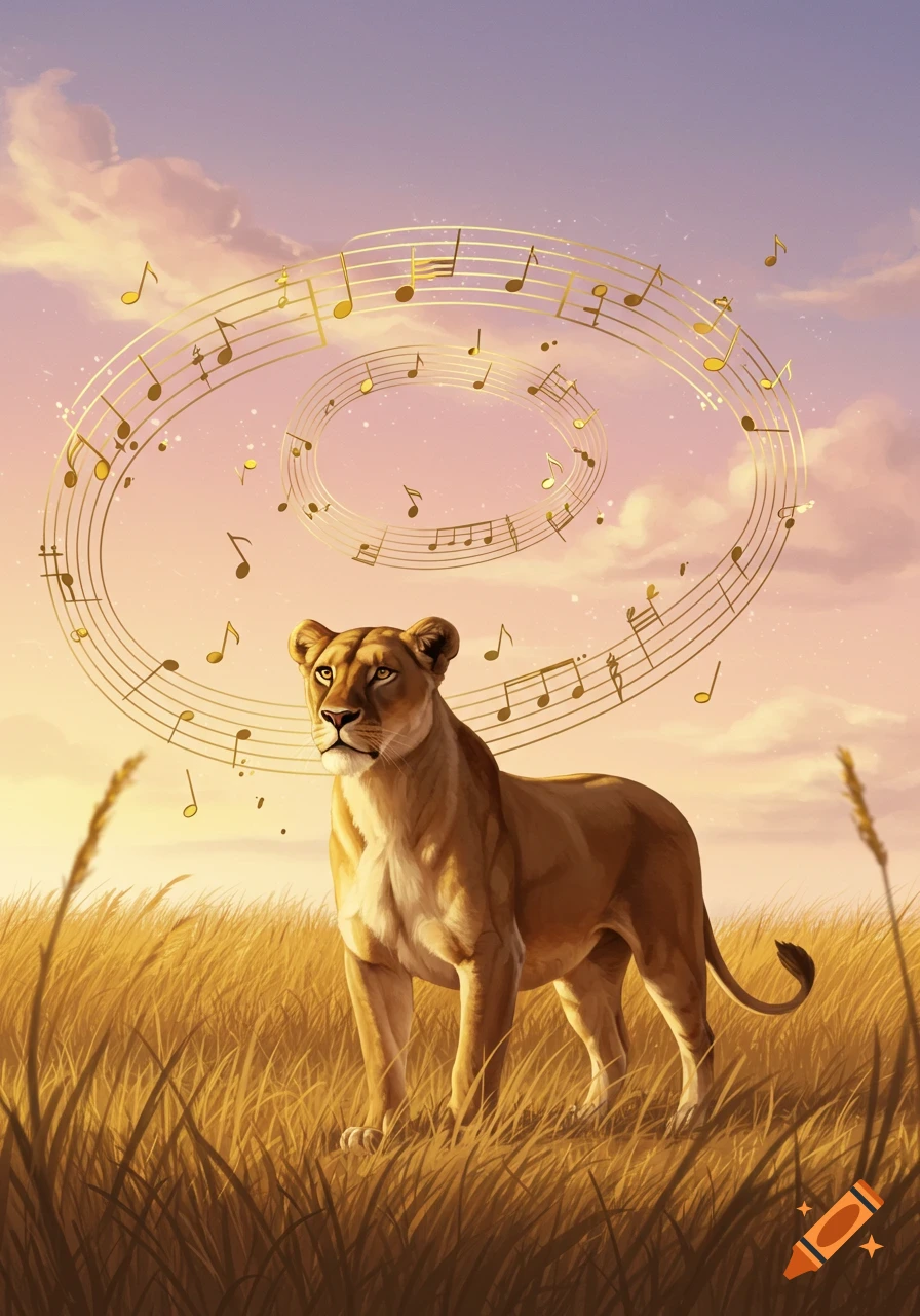 A majestic lioness stands in tall golden grass under a pink and purple sunset sky, surrounded by swirling golden musical notes.