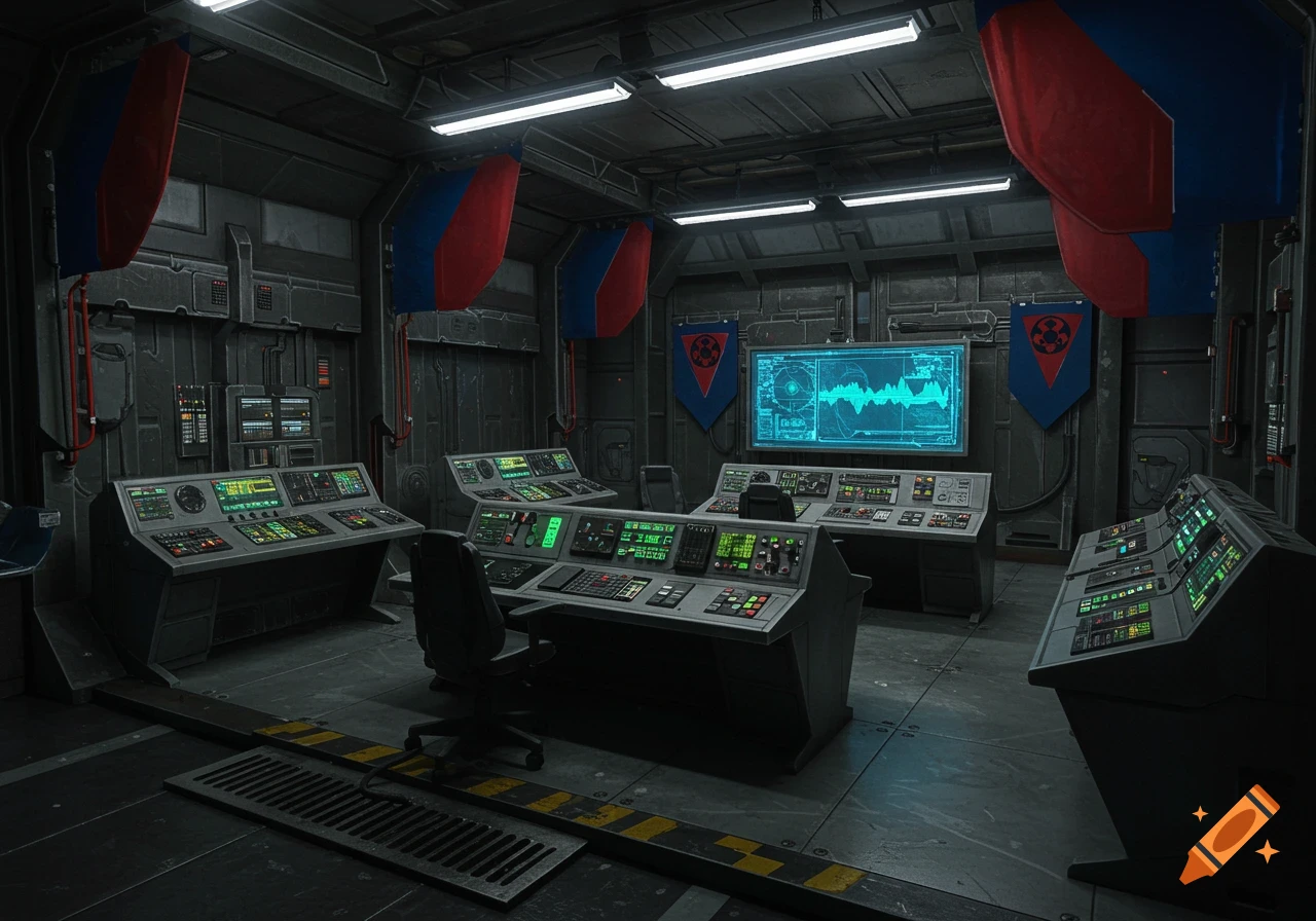 A dark, futuristic control room with multiple glowing consoles, a large central screen displaying a waveform, and red and blue banners.