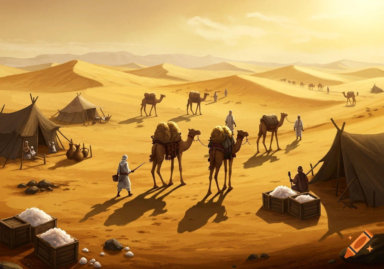 An illustrated scene of a desert trade caravan with people, camels laden with goods, and tents among sandy dunes under a golden sky.