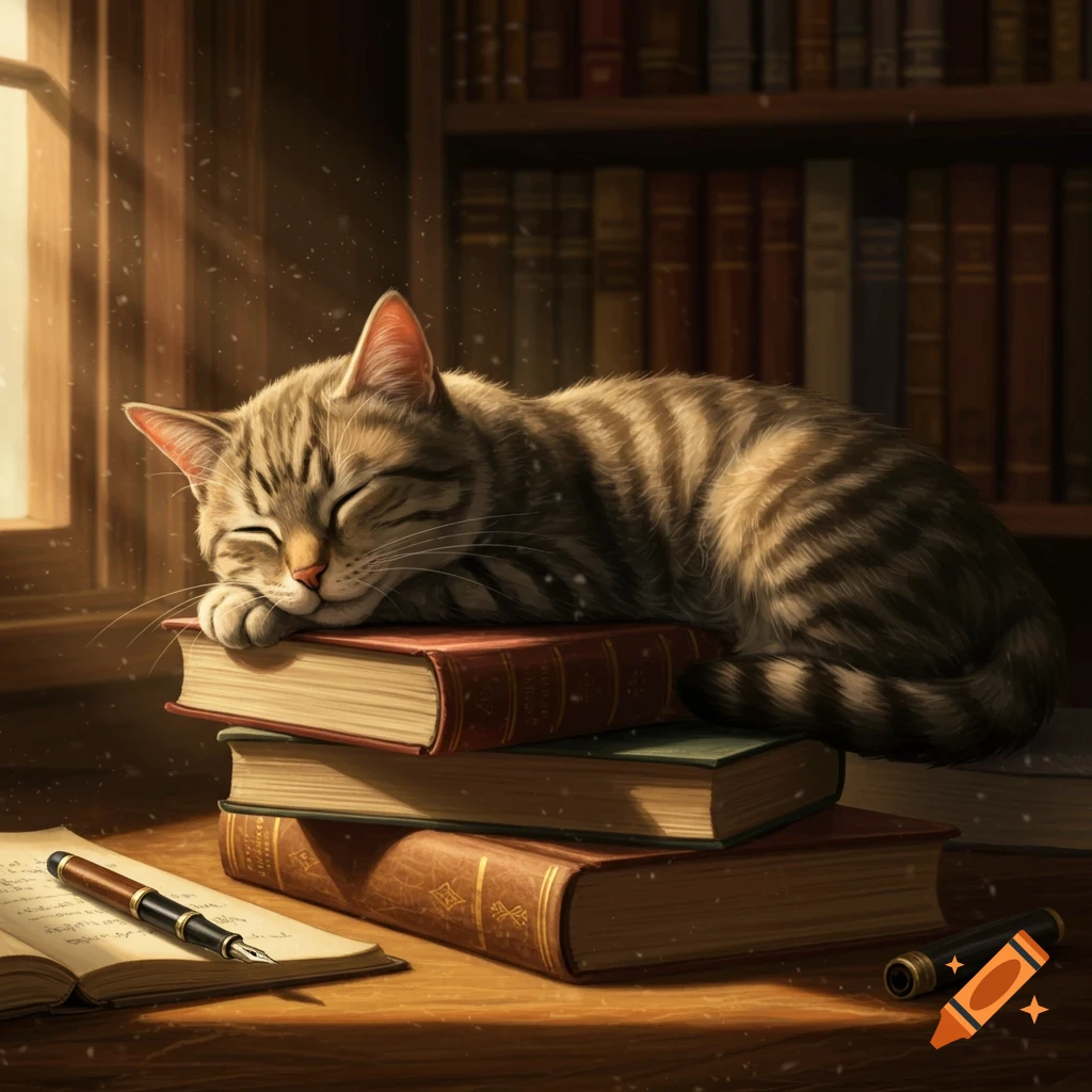 A tabby cat naps on a stack of old books on a sunlit wooden desk in a cozy library.