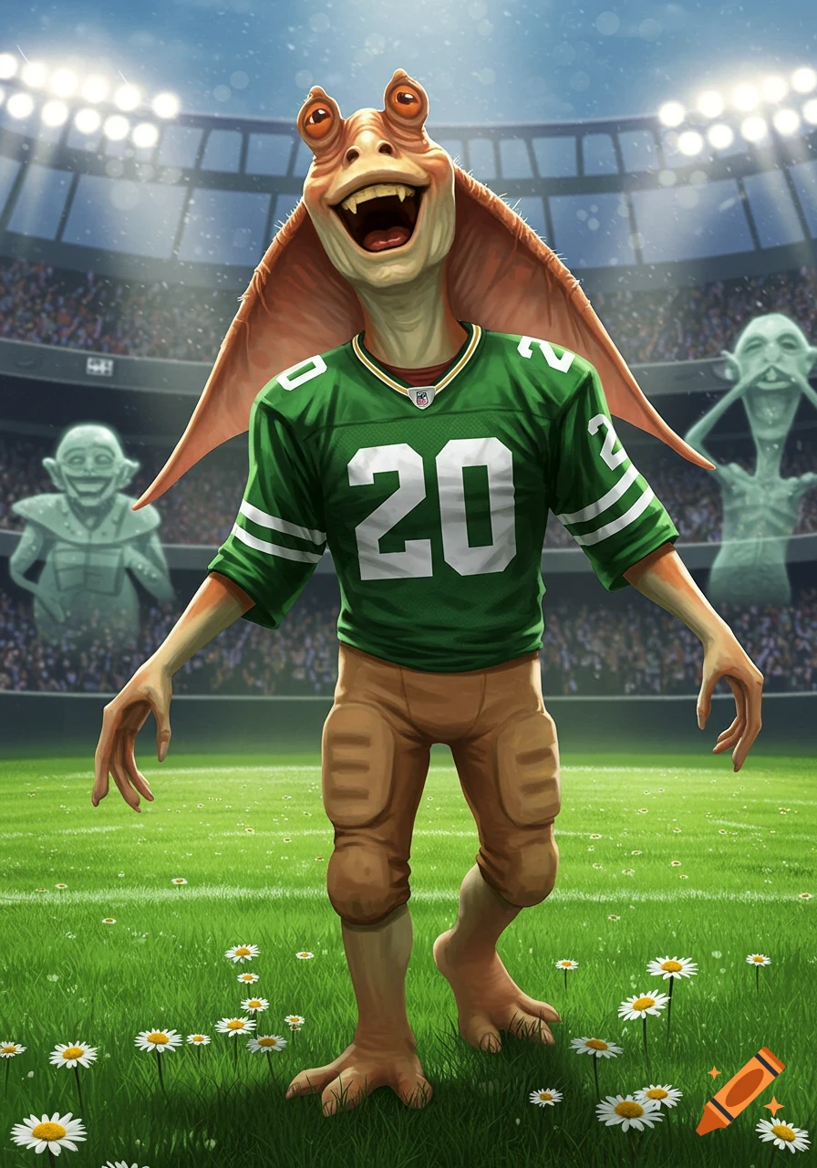 Jar Jar Binks wears a green and white football jersey with number 20, standing on a grassy field in a stadium.