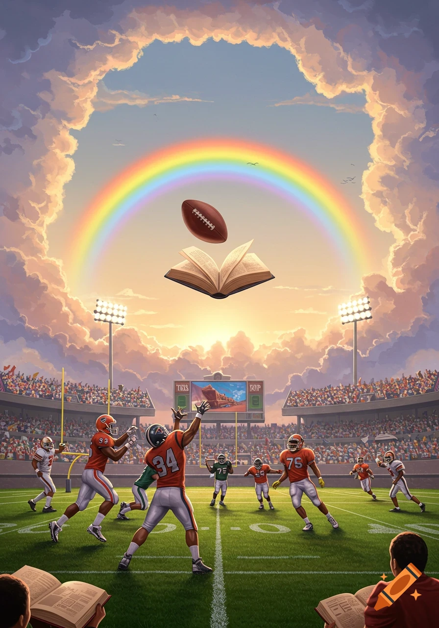 An illustrative image of a football stadium with a game in progress, topped by a rainbow, a floating football, and an open book in the clouds, with people reading in the foreground.