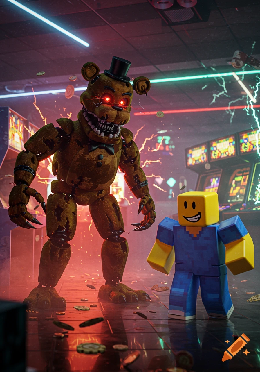 A menacing, withered Freddy Fazbear stands over a smiling Roblox Noob in a neon-lit arcade with lightning and scattered coins.