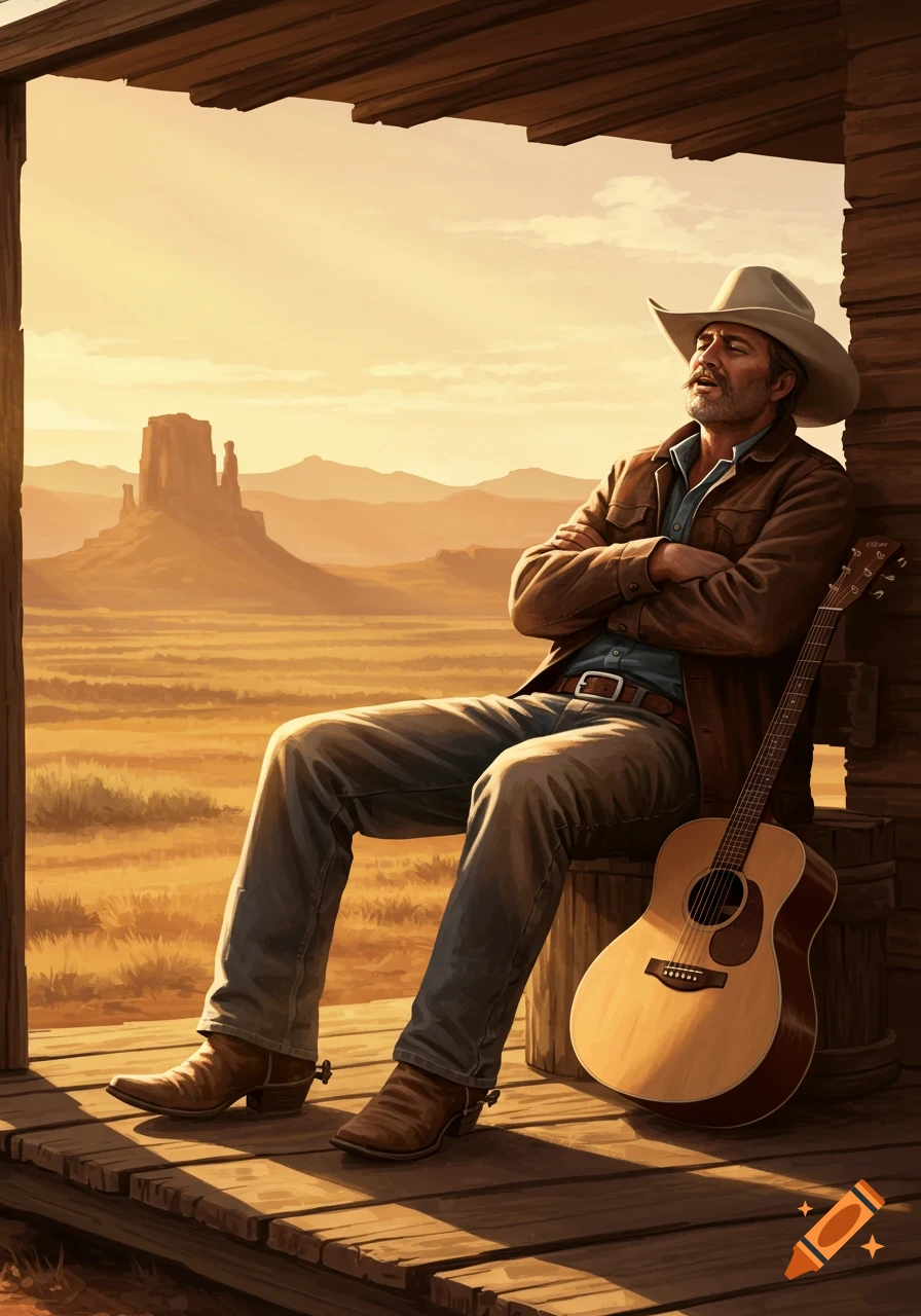 Digital painting of a cowboy with a white hat, arms folded, sitting on a wooden porch with a guitar, looking at a desert landscape at sunset.