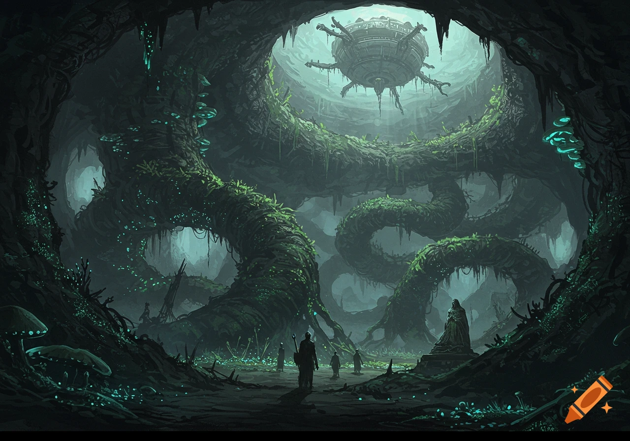 Explorers in a vast, dark subterranean cave with giant glowing roots, bioluminescent fungi, and a mysterious floating structure. Fantasy art.