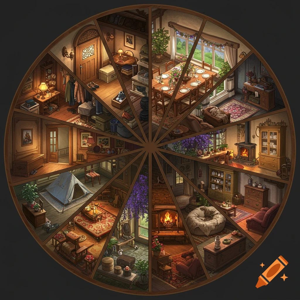 An isometric illustration of a circular wheel with 12 wedges, each depicting a cozy, whimsical cottagecore room interior.