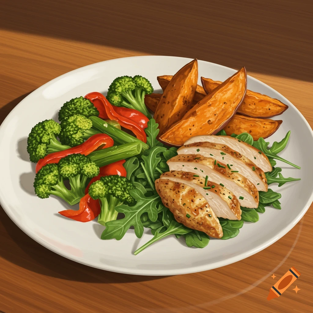 A white plate with sliced chicken breast, roasted sweet potato wedges, broccoli florets, red bell peppers, and arugula, in an illustrative style.