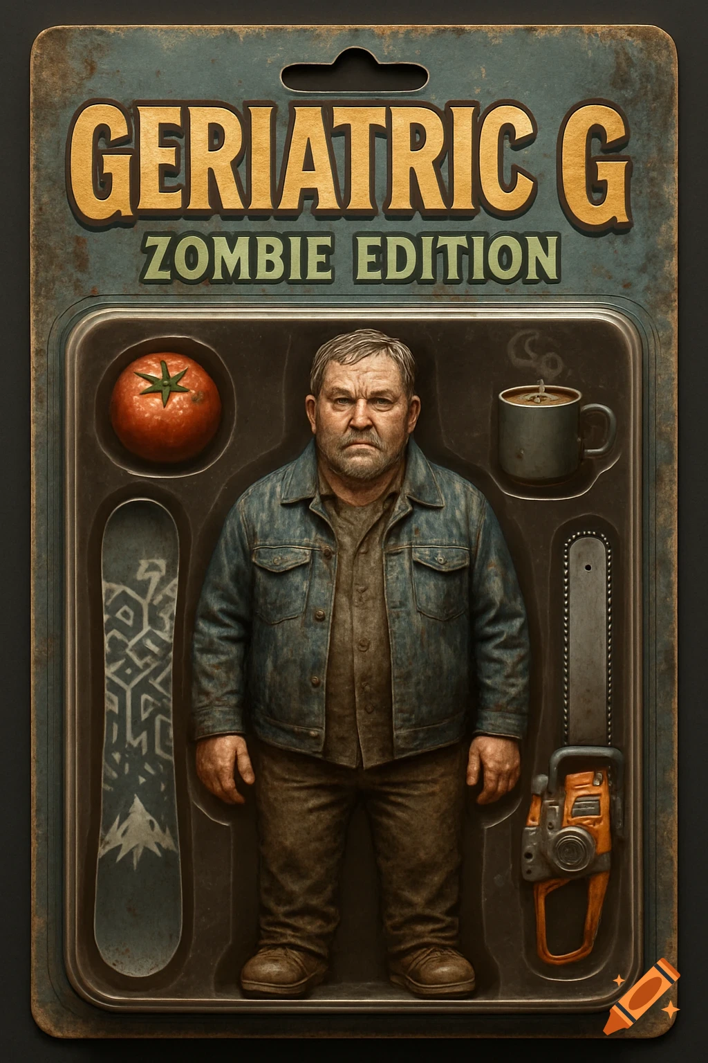 Action figure of a stocky man in a denim jacket, packaged with a tomato, snowboard, mug, and chainsaw, labeled 'Geriatric G Zombie Edition'.