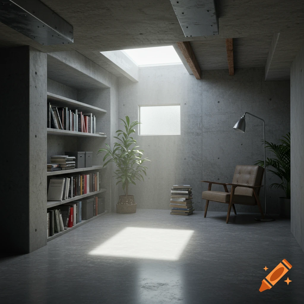 Photorealistic minimalist concrete basement room with bookshelves, potted plants, a brown armchair, and a floor lamp, lit by a skylight.