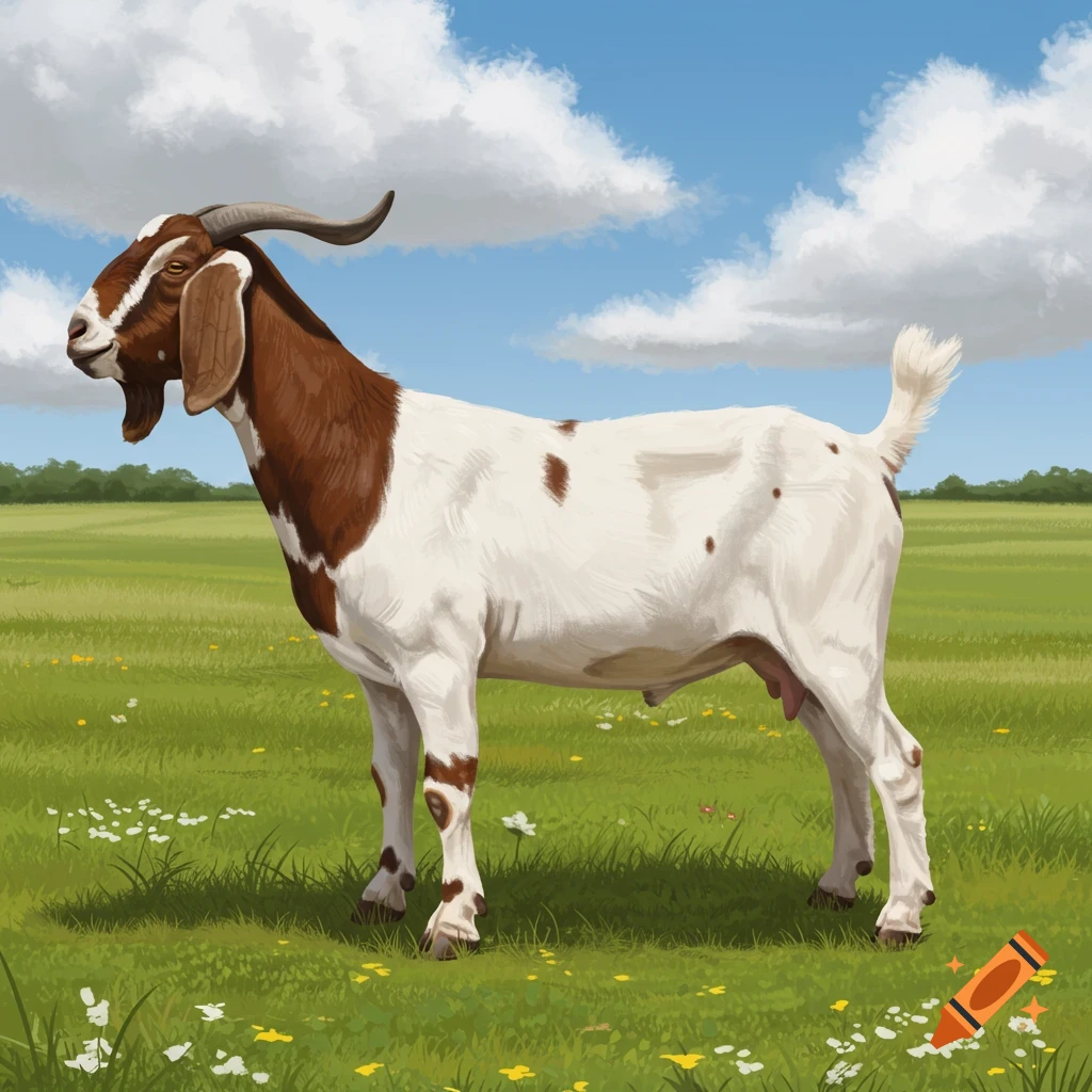 A brown and white Boer goat stands in profile in a green field with white and yellow flowers under a blue sky with clouds. Illustration.