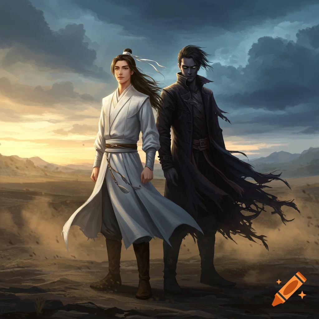 Two contrasting male characters, one in white robes, one in dark tattered clothes, stand in a barren landscape under a dramatic sky in a digital painting.