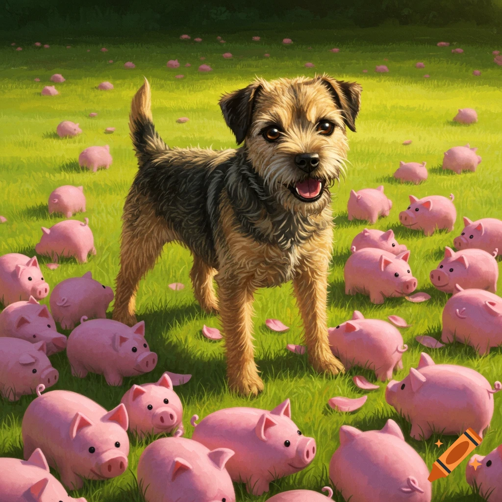A happy Border terrier stands in a vibrant green field, surrounded by numerous small pink toy pigs.