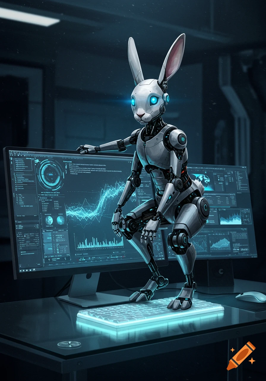 A futuristic robot rabbit with glowing blue eyes perched on a keyboard, interacting with a large monitor displaying blue data charts and code.