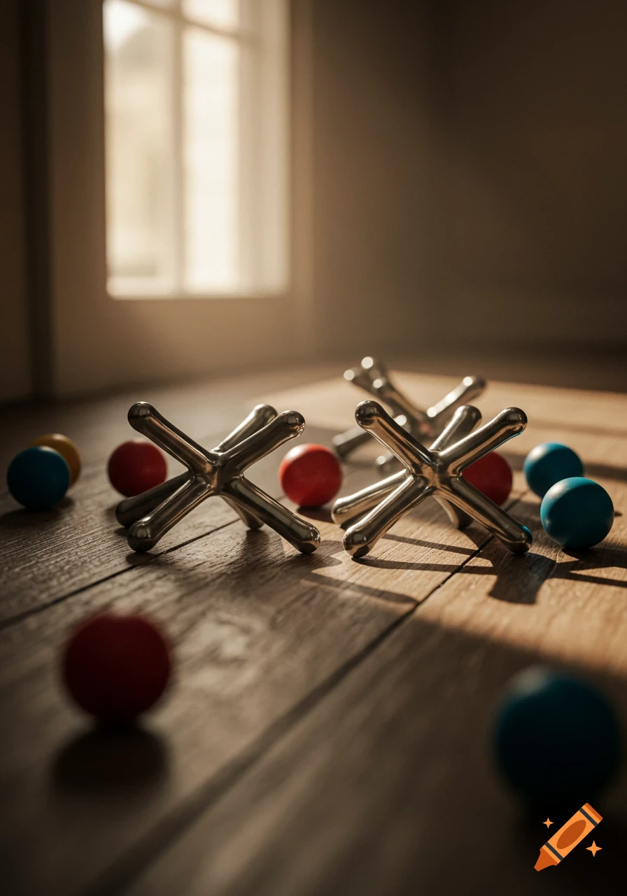 Several metal jacks and colorful rubber balls are scattered on a sunlit wooden floor near a window, captured in a photorealistic style.