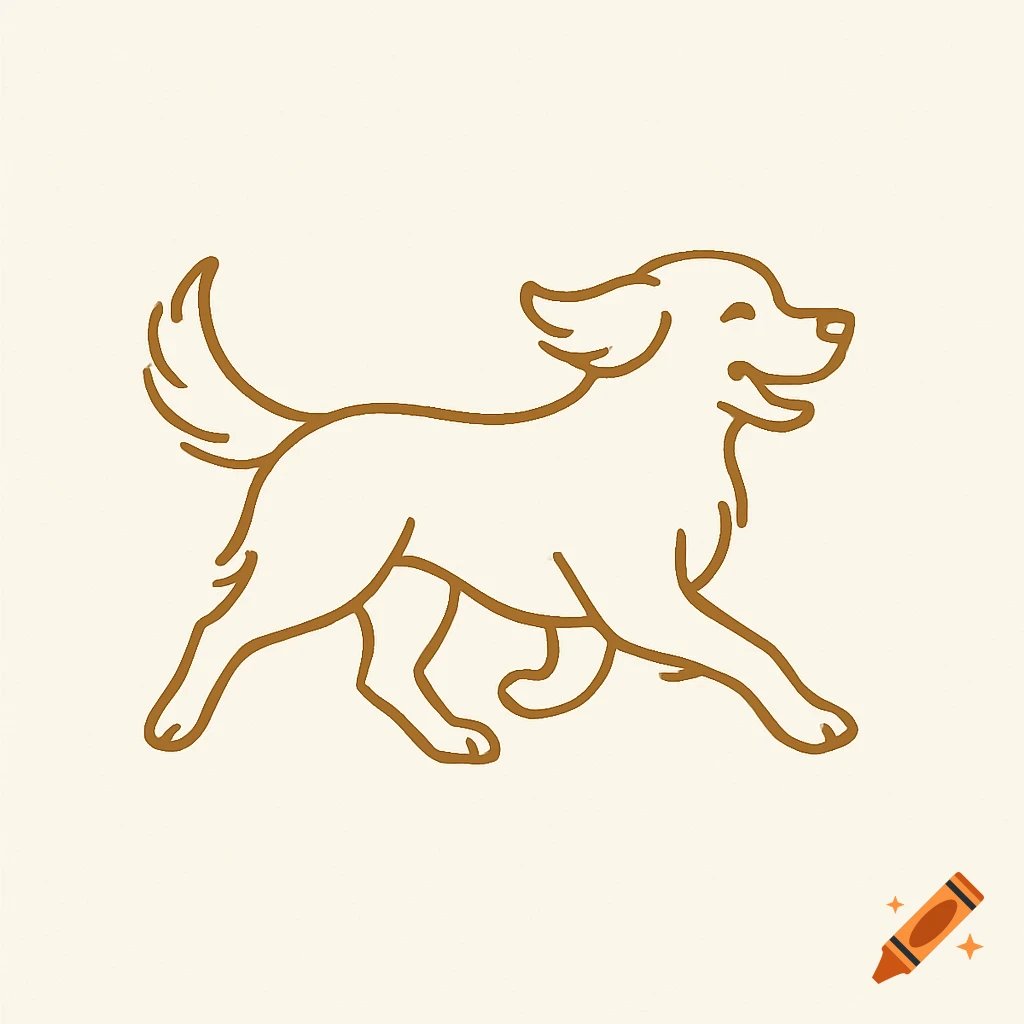A simple golden-brown line art illustration of a happy golden retriever dog running with its tongue out, on a light cream background.