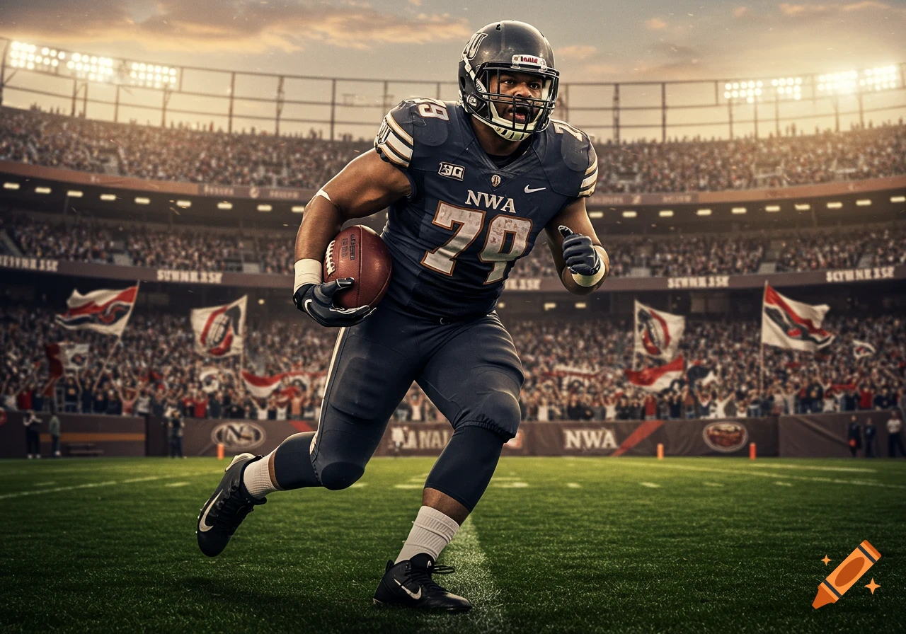 A photorealistic image of an American football player in uniform, running with a ball on a green field in a crowded stadium at sunset.