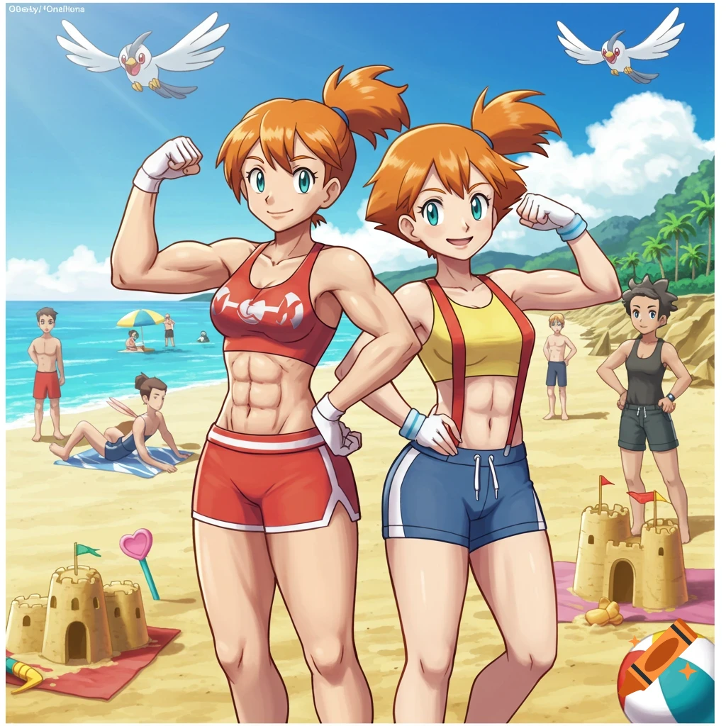 Two muscular anime women, resembling Misty from Pokémon, flex their arms on a sunny beach with sandcastles and other people.
