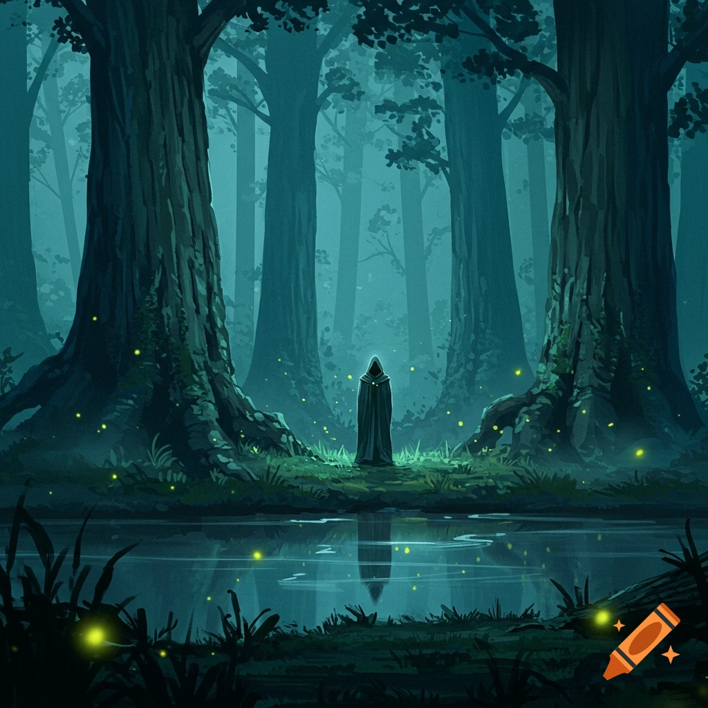 A cloaked figure stands in a dark, mysterious forest with glowing fireflies and a reflective pond, digital art.