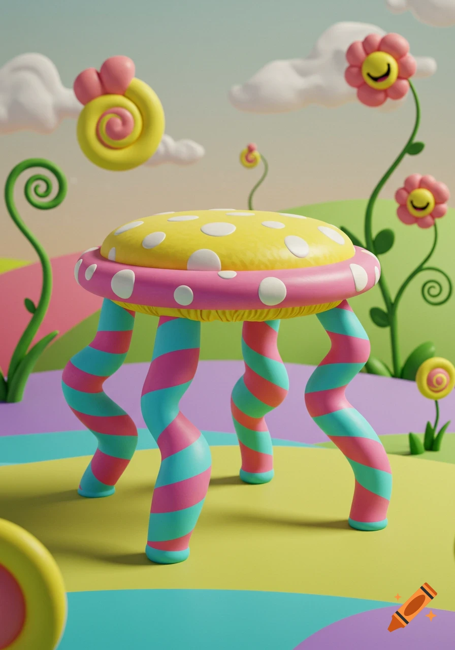 A whimsical, Dr. Seuss-inspired stool with a yellow polka-dot top and pink and teal striped wavy legs, set in a colorful cartoon landscape.