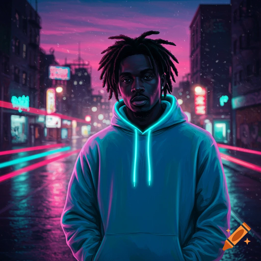 A Black man with dreadlocks wears a glowing neon blue hoodie, standing on a rainy street in a cyberpunk city at night with pink and blue lights.