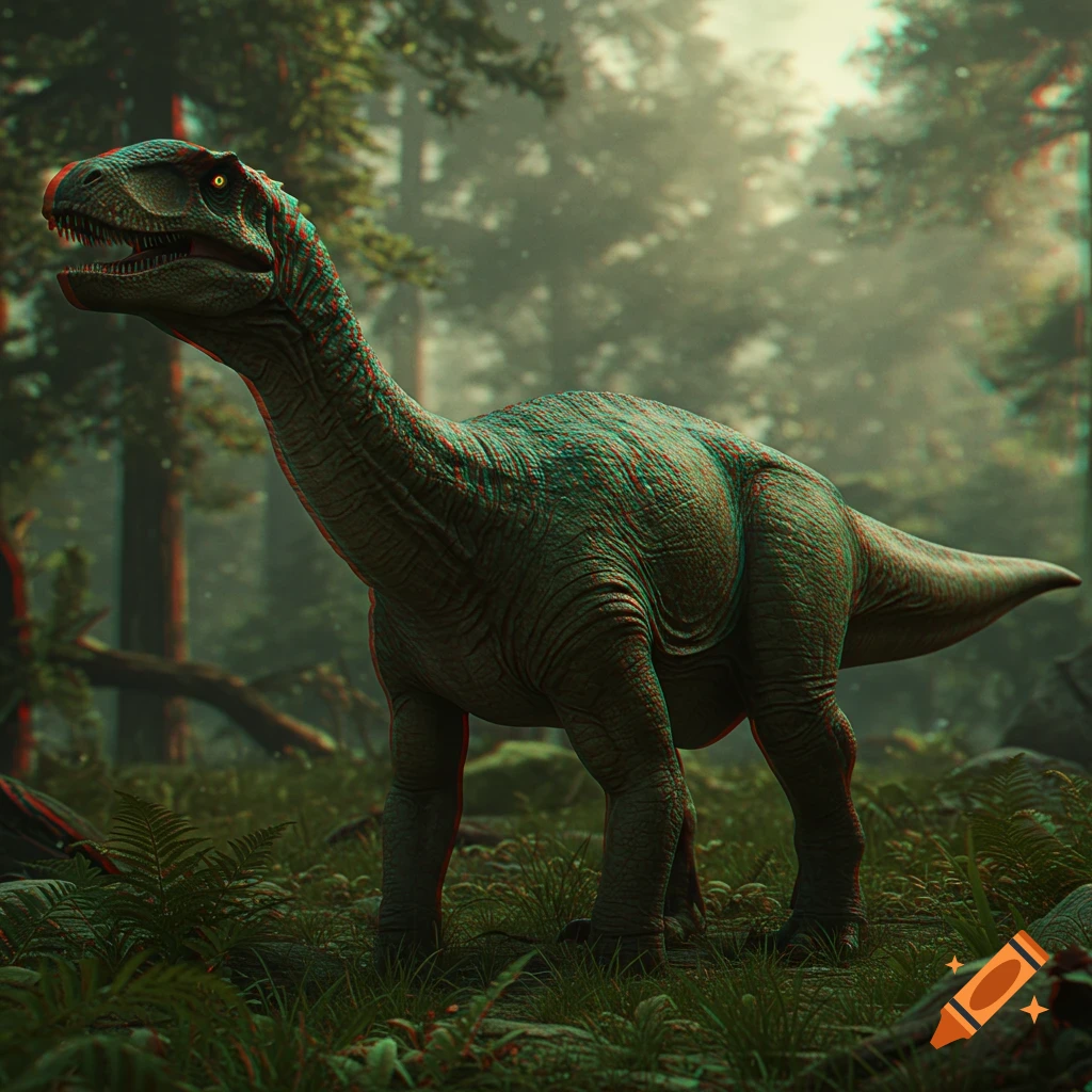 A dinosaur with a red and cyan anaglyph 3D effect stands in a lush, misty prehistoric forest.