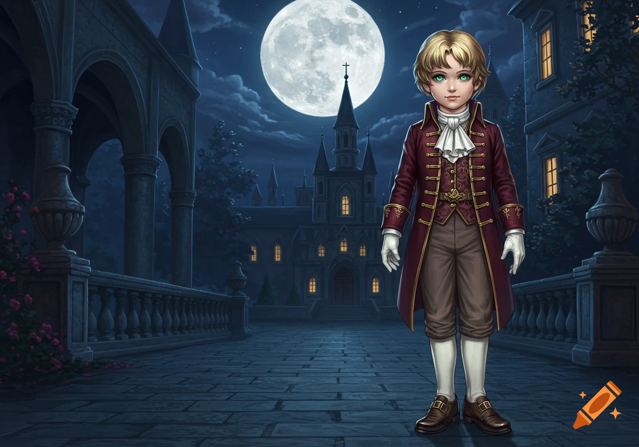 A young boy in red Victorian attire stands before a gothic castle under a full moon, in a realistic fantasy art style.