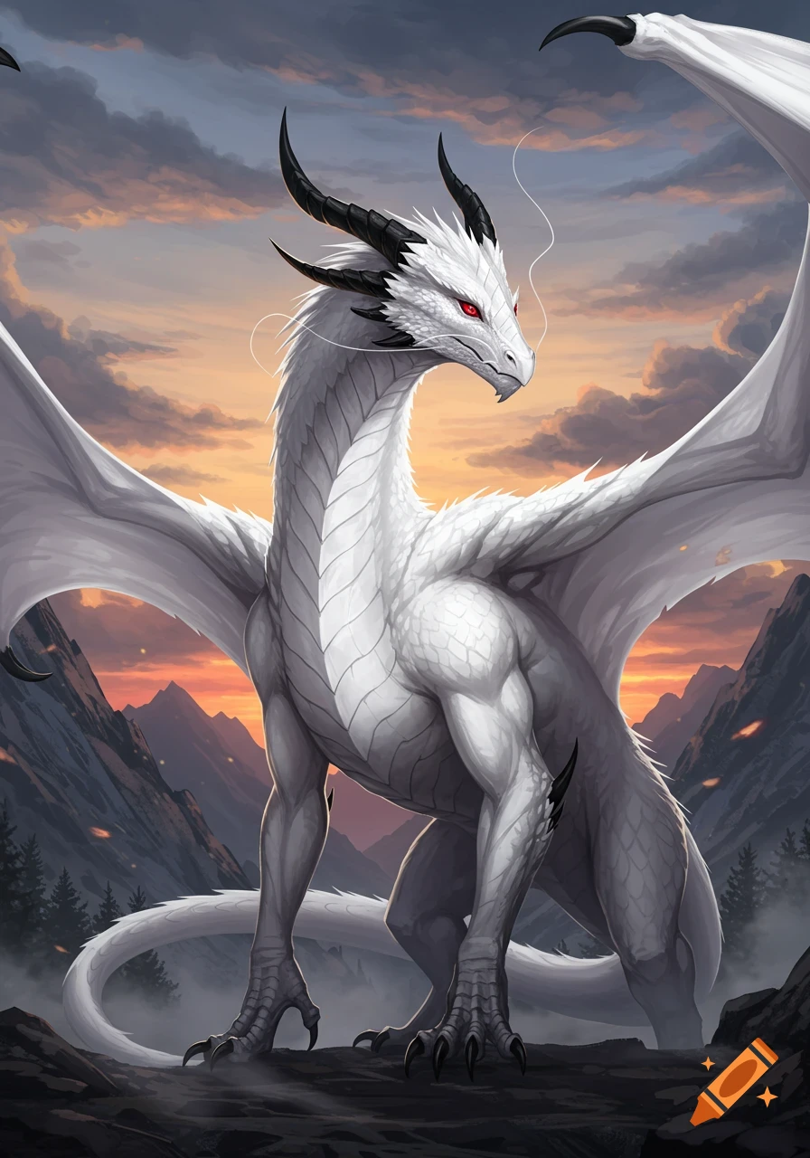 A majestic white dragon with red eyes, black horns, and large wings stands on rocks in a mountain landscape at sunset.