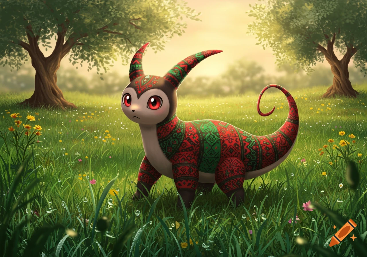 A small, horned fantasy creature with red and green patterned fur and big red eyes stands in a vibrant grassy field with trees.