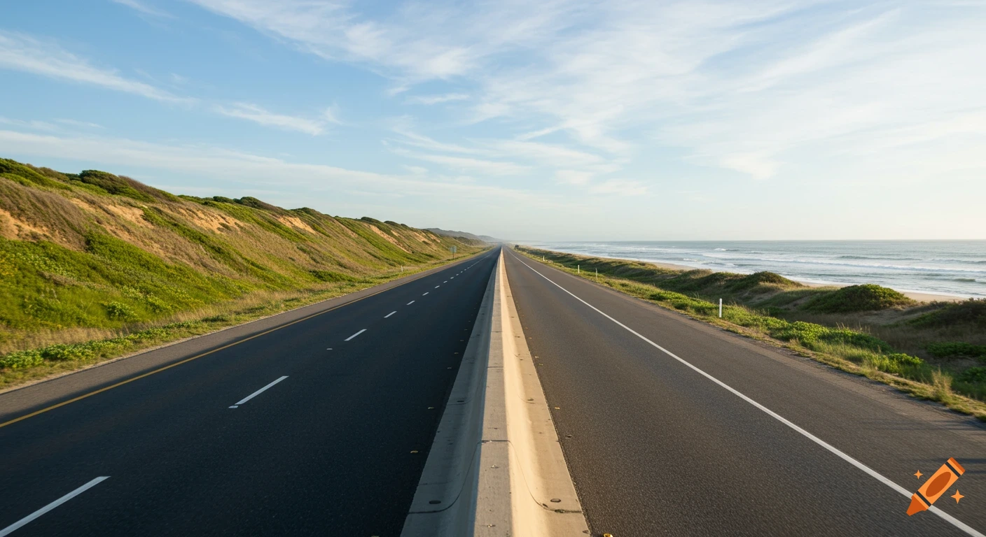 A long highway with a concrete barrier separating lanes, running alongside a grassy hill on the left and a sandy beach and ocean on the right under a bright sky.