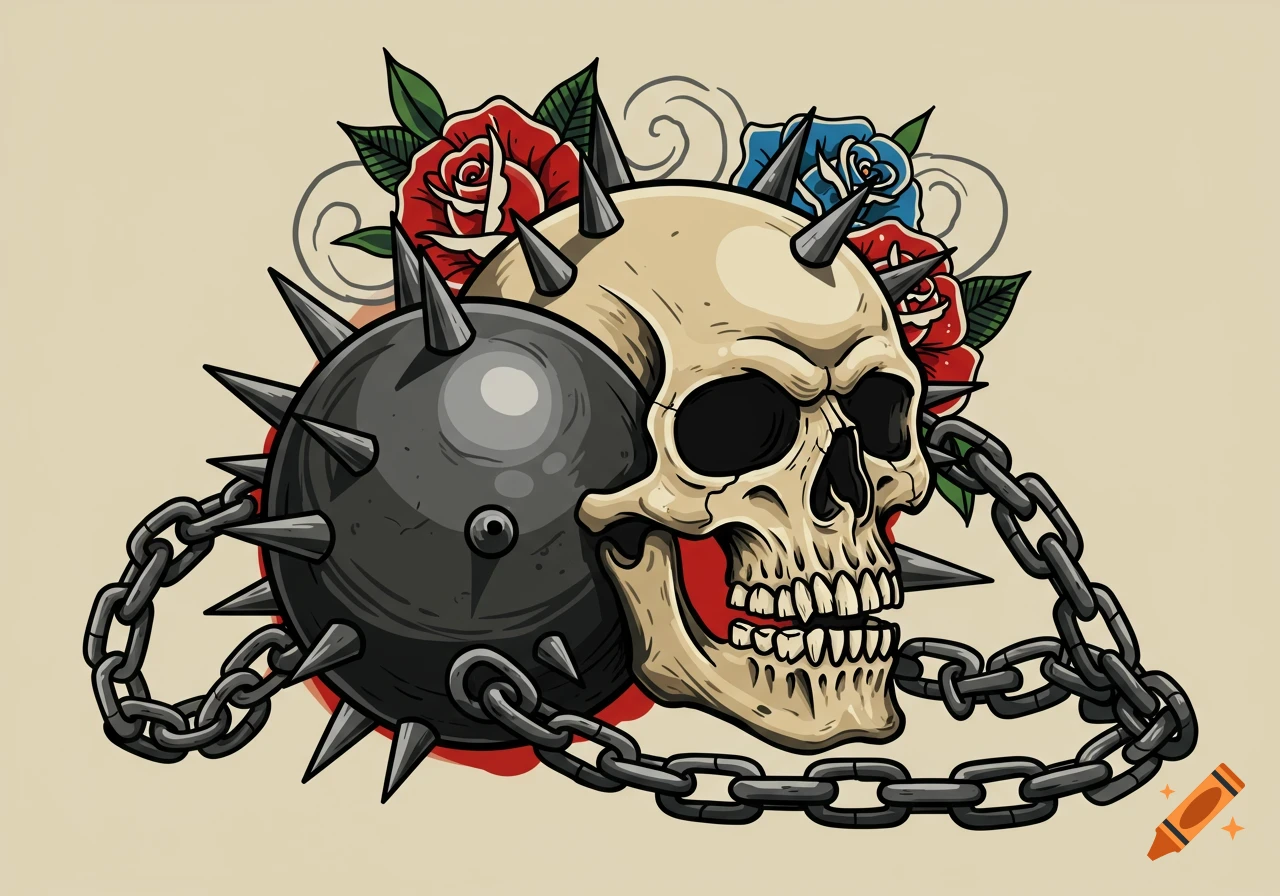 American traditional tattoo of a skull with spikes, a spiked wrecking ball, chains, and red and blue roses.