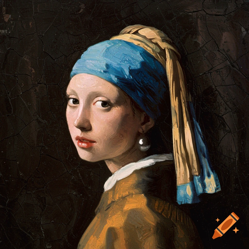 A dark, textured oil painting in Francis Bacon's style of a young woman with a blue and yellow turban and a large pearl earring, gazing over her shoulder.