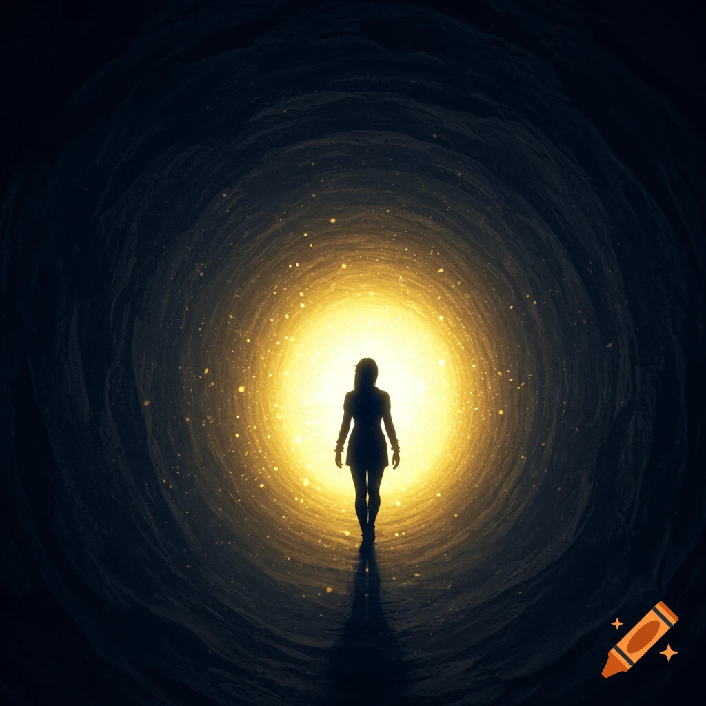 A silhouette of a person walking towards a bright golden light at the end of a dark, textured tunnel.