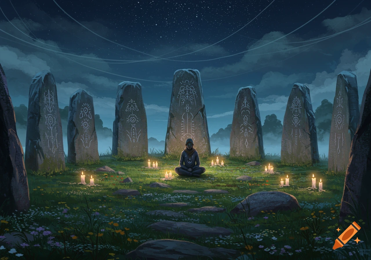 A person meditating in a cross-legged position at night, surrounded by lit candles and ancient, tall stone monoliths carved with symbols, under a starry sky.