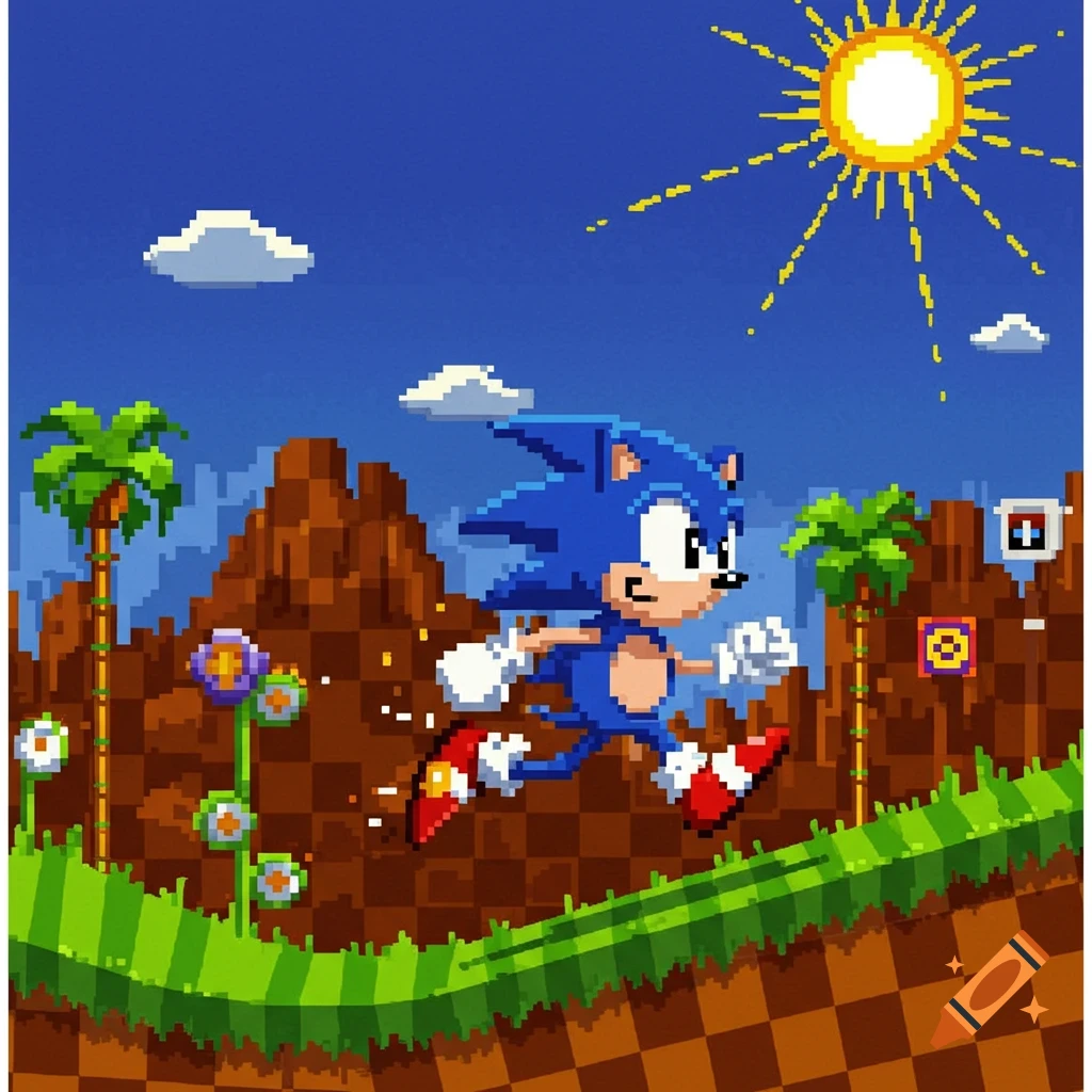 8-bit pixel art of Sonic the Hedgehog running through a colorful green hill zone with palm trees and a bright sun.