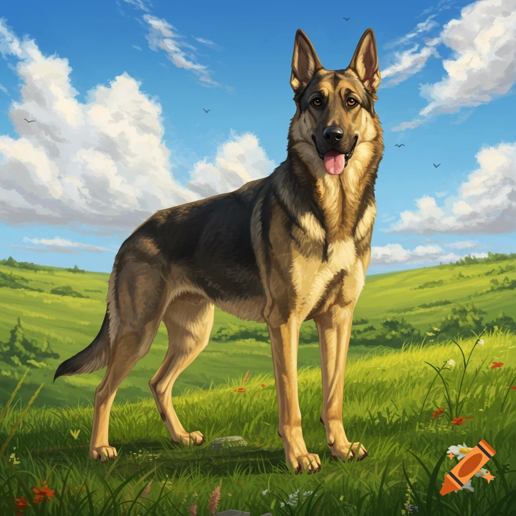 A majestic German Shepherd dog stands in a lush green field under a bright blue sky with white clouds, in a painterly style.