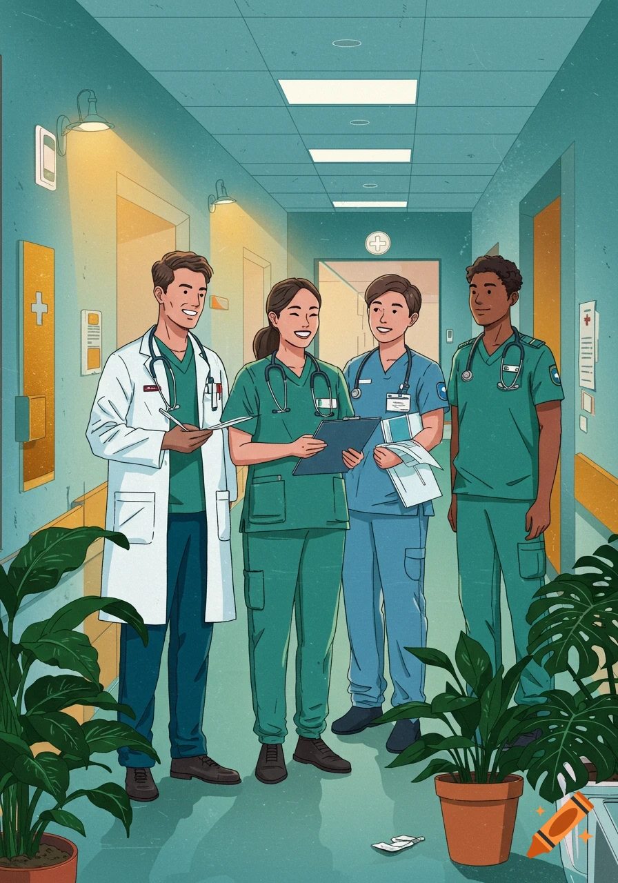 Illustration of four diverse, smiling medical professionals in scrubs and lab coats standing in a bright hospital corridor.