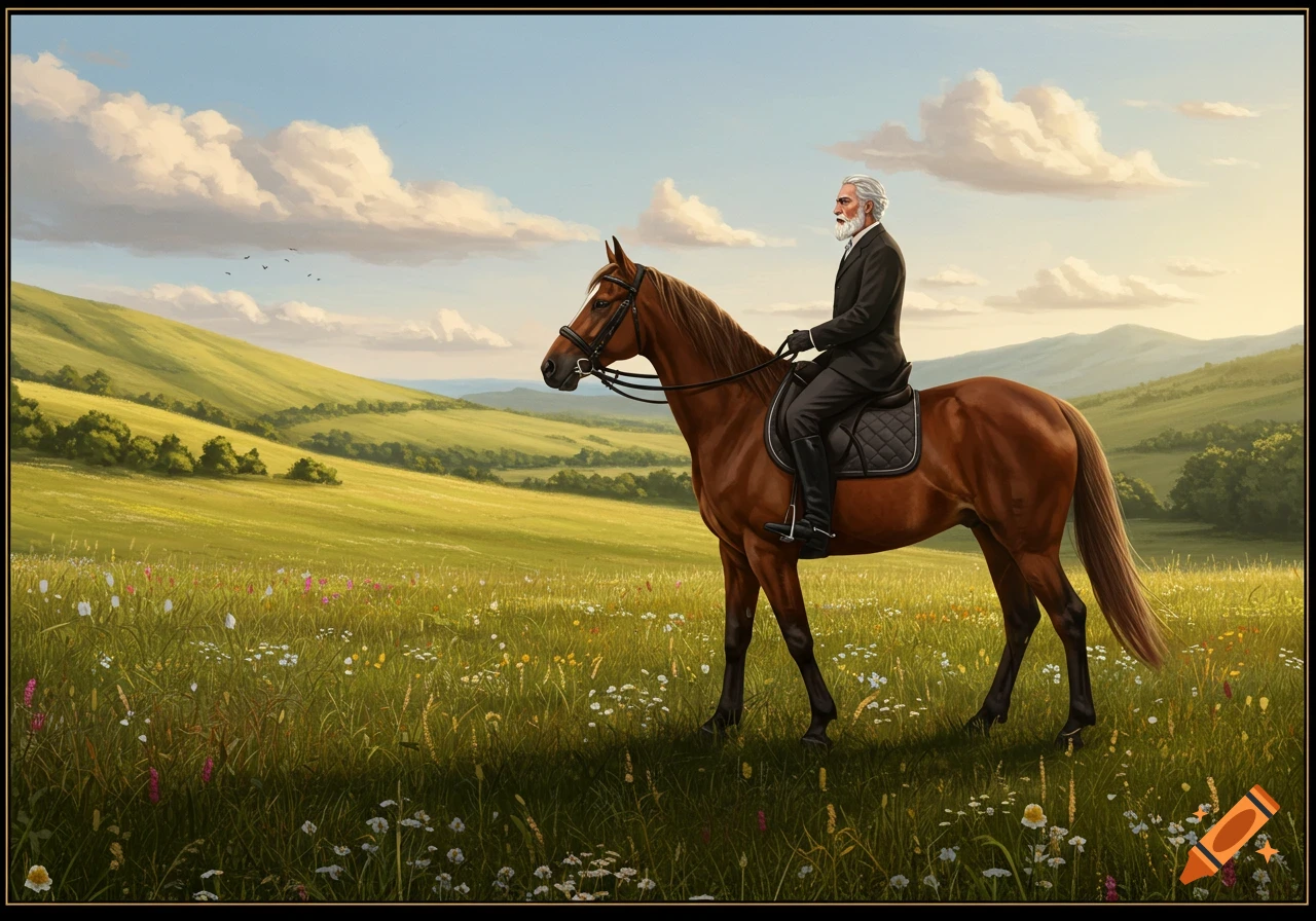 A painting of a grey-bearded man in a dark suit riding a brown horse through a green, wildflower-filled valley.