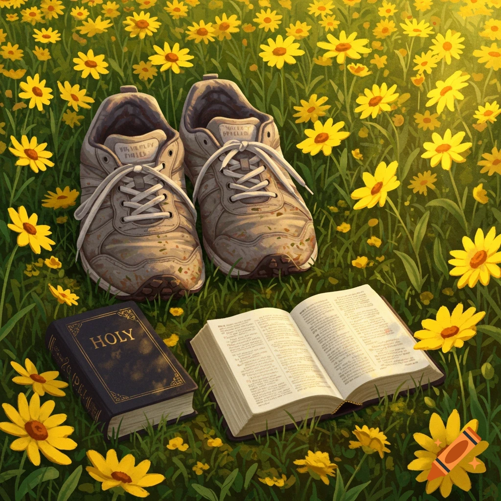 An illustration of dirty running shoes and two Bibles on a vibrant green lawn filled with yellow daisy-like flowers under warm sunlight.