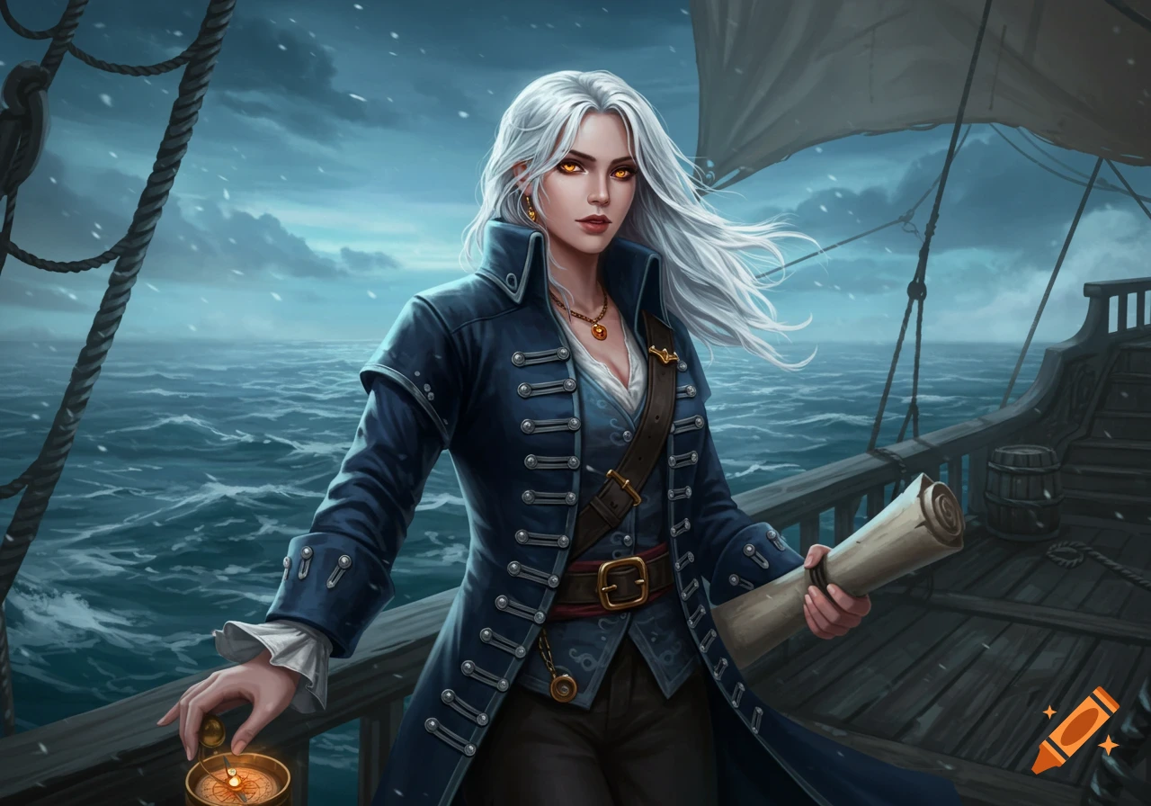 A female pirate navigator with silver hair and orange eyes stands on a ship deck, holding a compass and map, amidst a stormy sea.