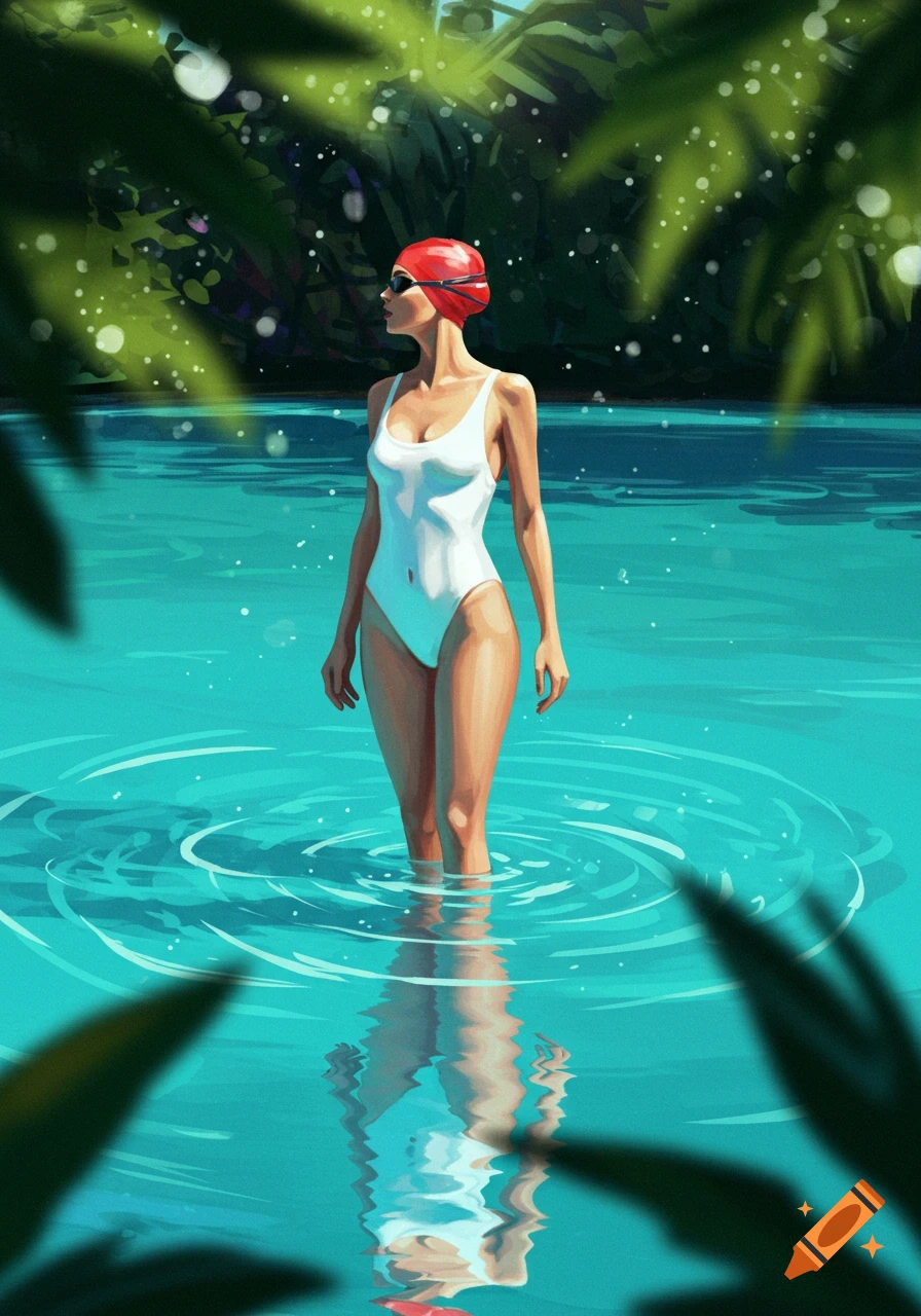 A stylized illustration of a woman in a white swimsuit and red swim cap standing in turquoise water surrounded by tropical foliage.